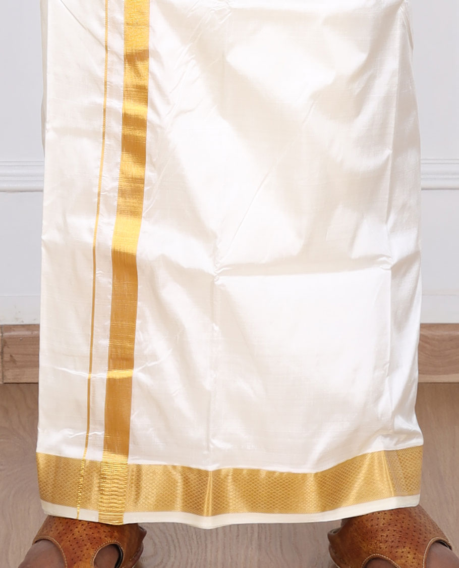 Cream pure silk kancheepuram wedding double-layer dhoti & angavastram with traditional kuyil kann zari border