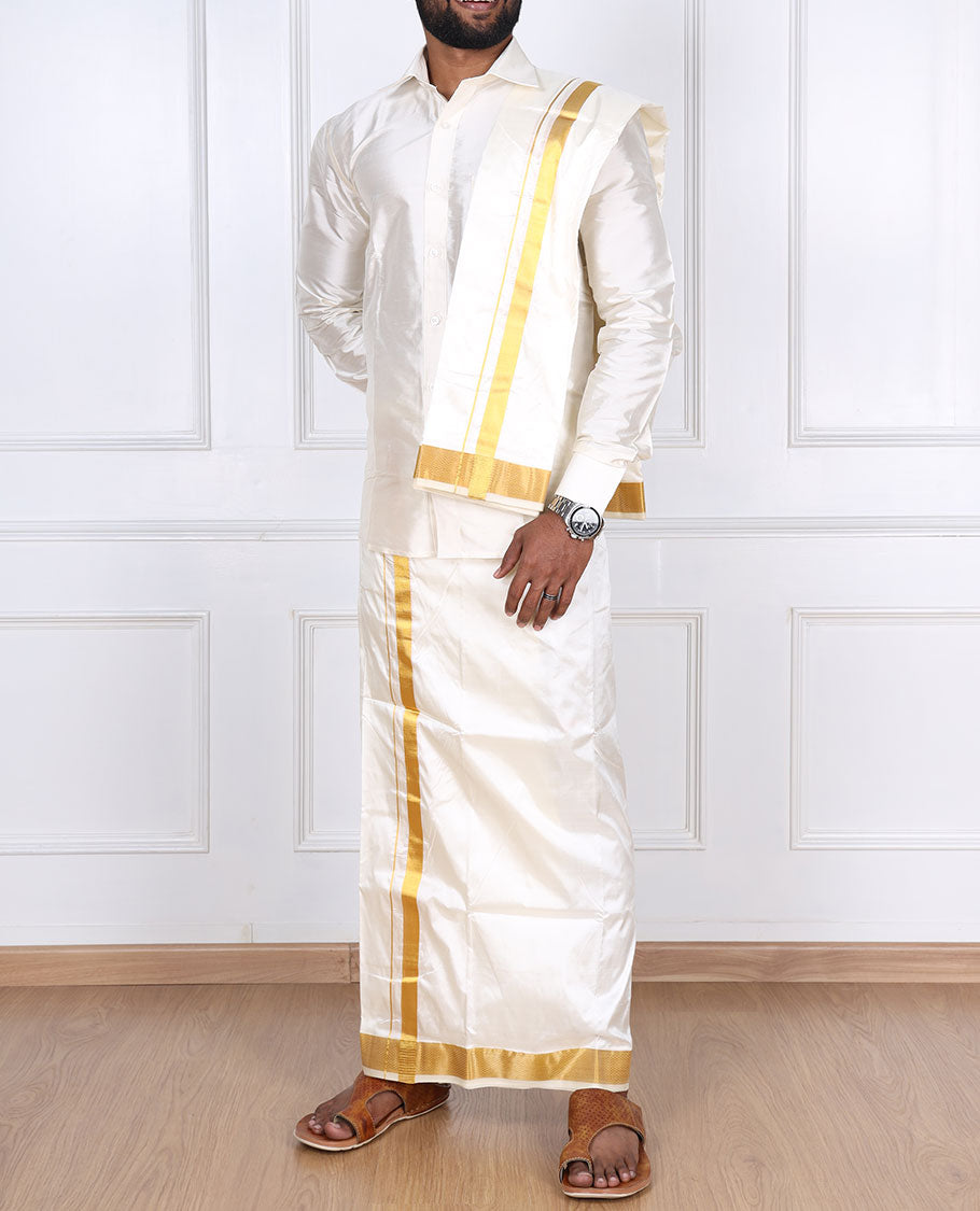 Cream pure silk kancheepuram wedding double-layer dhoti & angavastram with traditional kuyil kann zari border