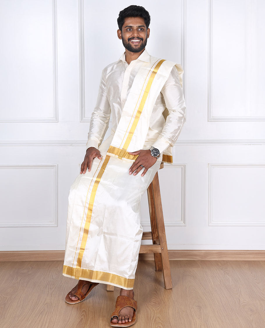 Cream pure silk kancheepuram wedding double-layer dhoti & angavastram with traditional kuyil kann zari border