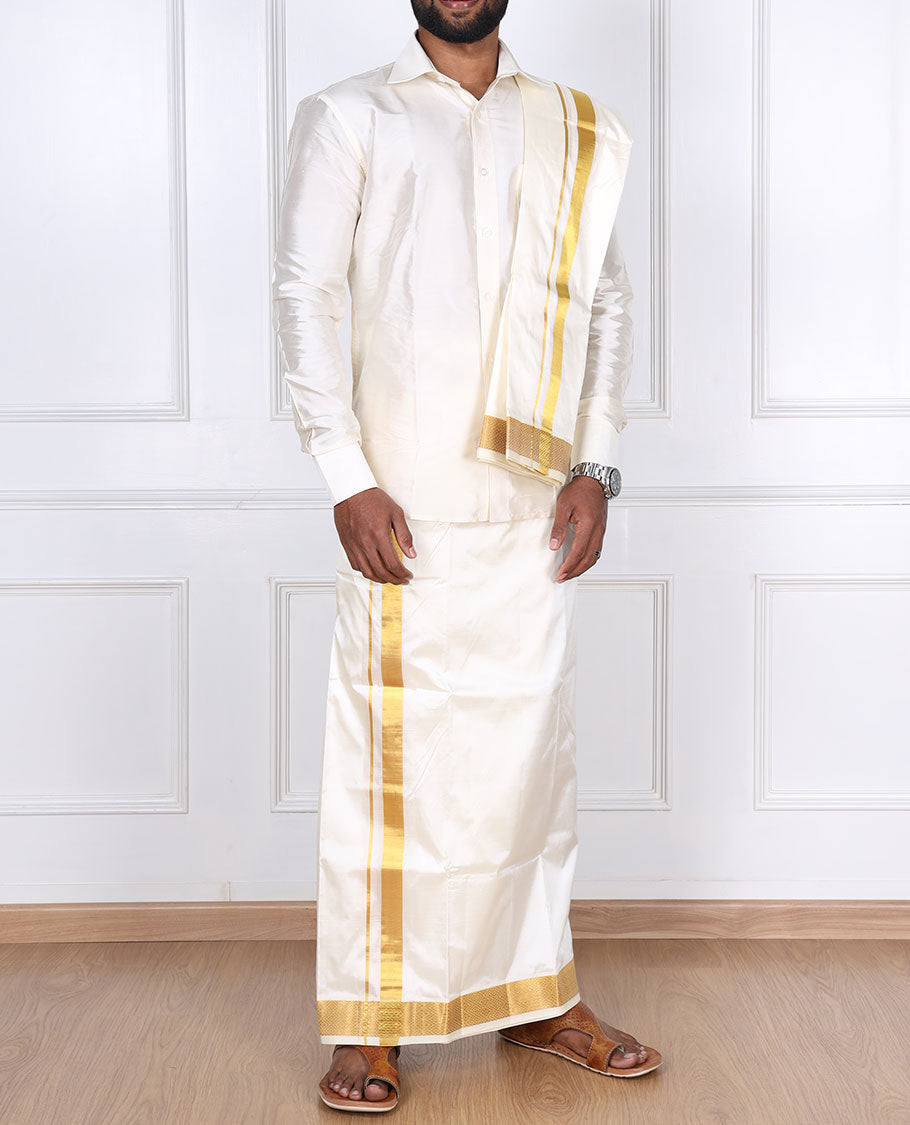 Cream pure silk kancheepuram wedding double-layer dhoti & angavastram with intricate zari border