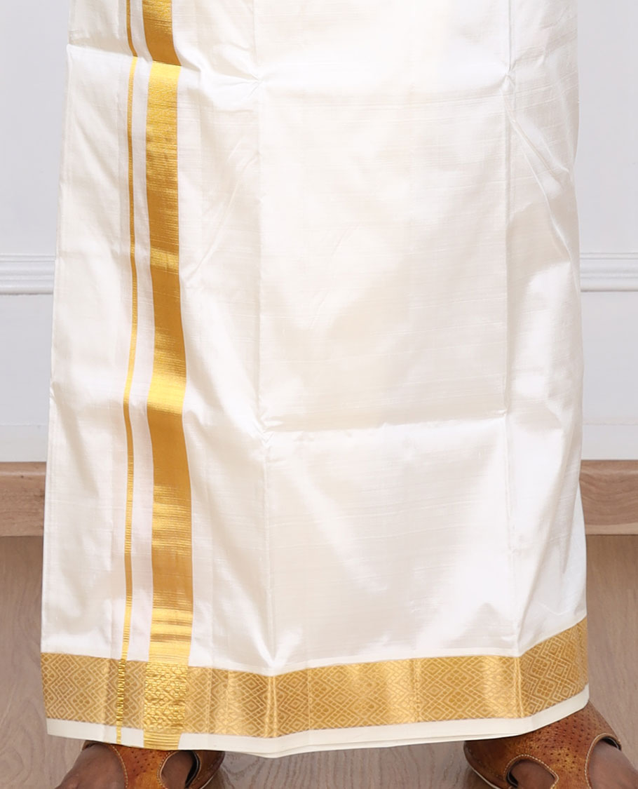 Cream pure silk kancheepuram wedding double-layer dhoti & angavastram with intricate zari border