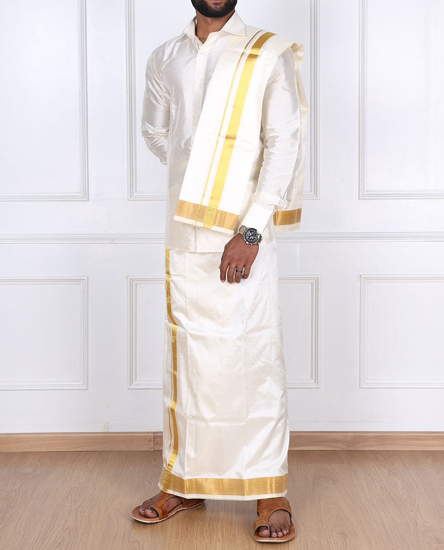 Cream pure silk kancheepuram wedding double-layer dhoti & angavastram with intricate zari border