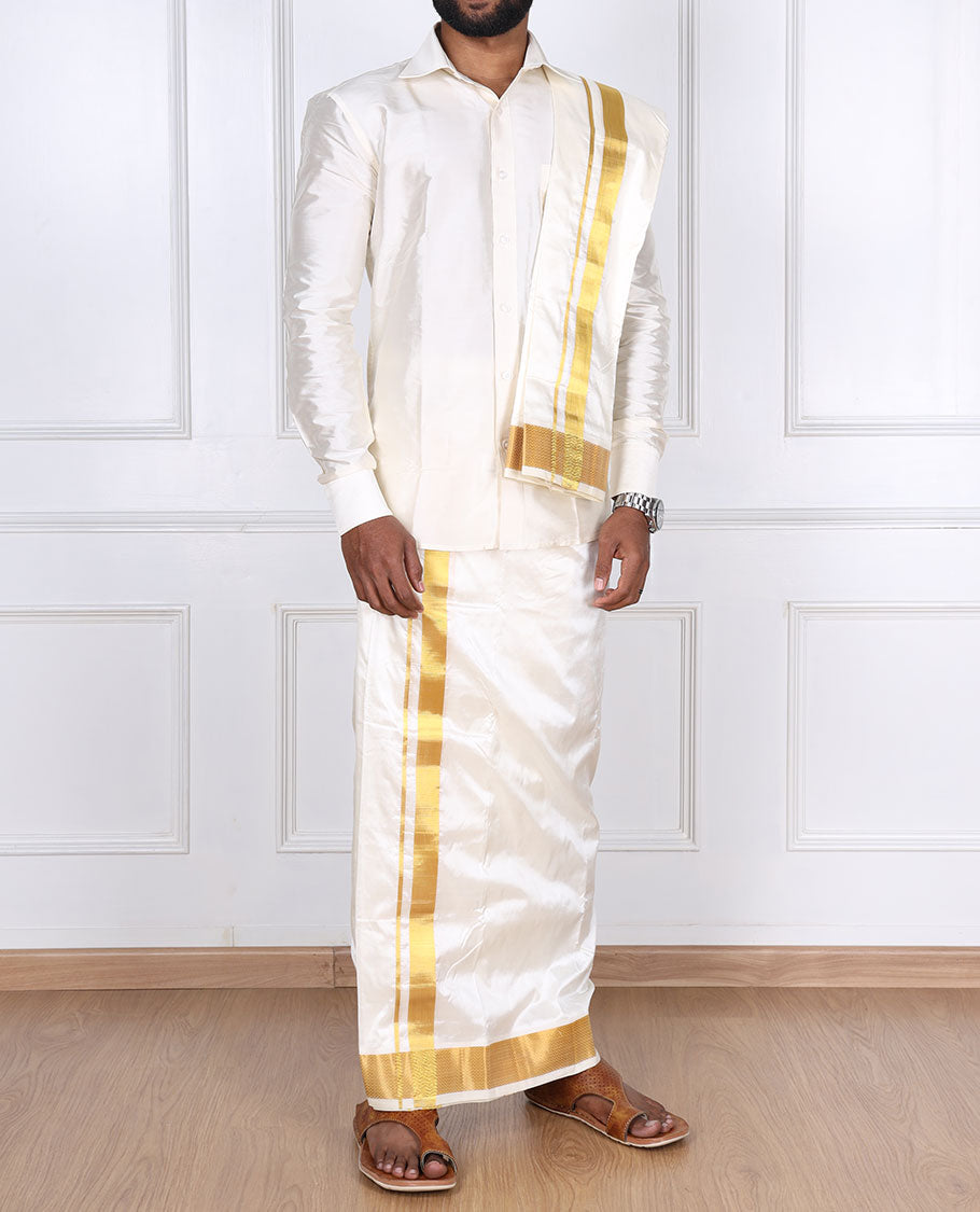 Cream traditional zari border pure silk kancheepuram wedding double-layer dhoti & angavastram