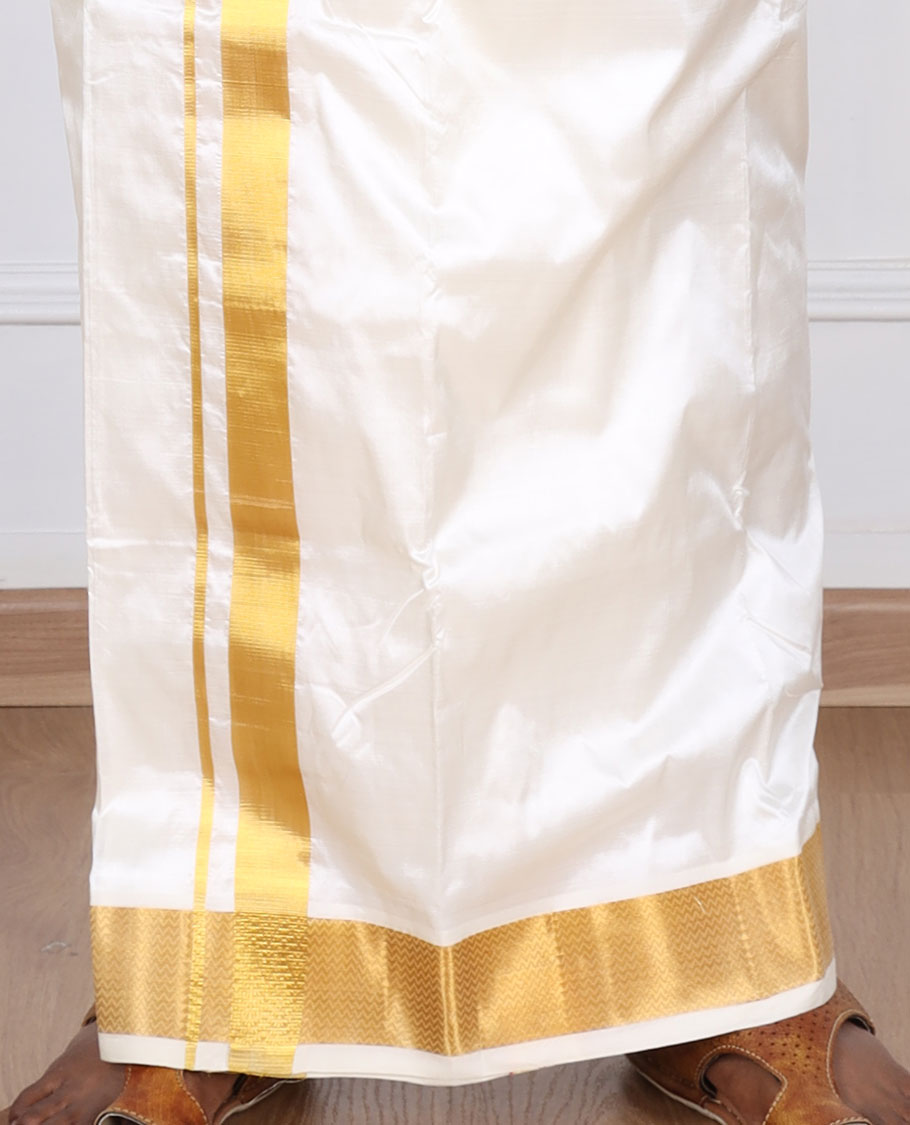 Cream traditional zari border pure silk kancheepuram wedding double-layer dhoti & angavastram