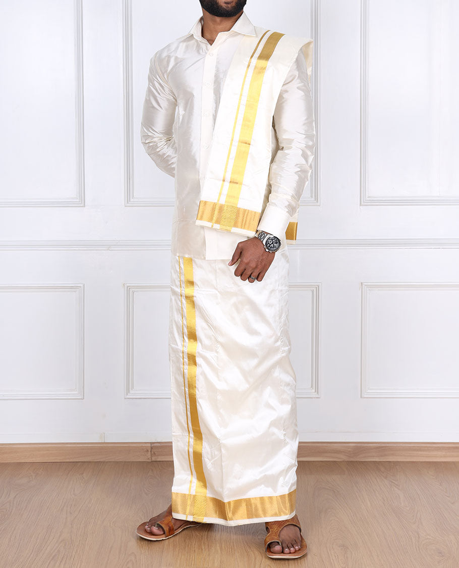 Cream traditional zari border pure silk kancheepuram wedding double-layer dhoti & angavastram