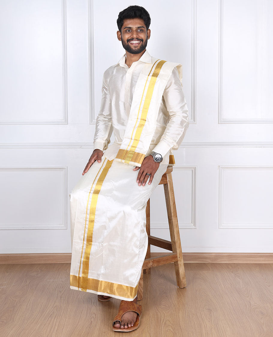 Cream traditional zari border pure silk kancheepuram wedding double-layer dhoti & angavastram