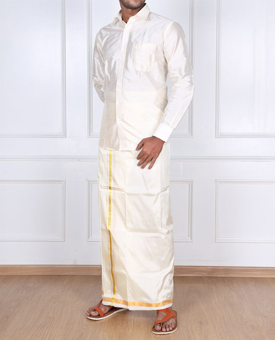 Cream puresilk & polyester mix double-layer dhoti with a thin gold zari border