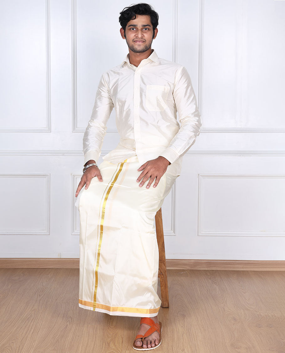 Cream puresilk & polyester mix double-layer dhoti with a thin gold zari border