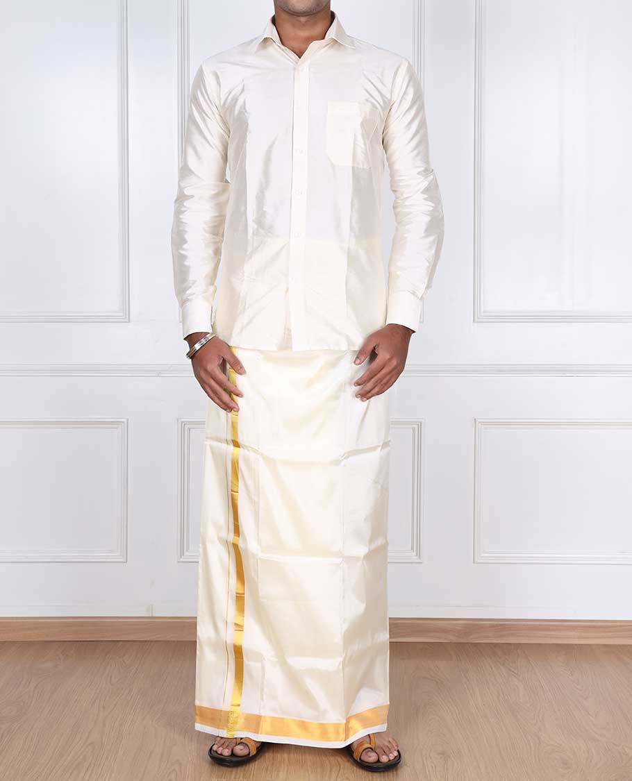 Cream puresilk & polyester mix double-layer dhoti with gold zari border