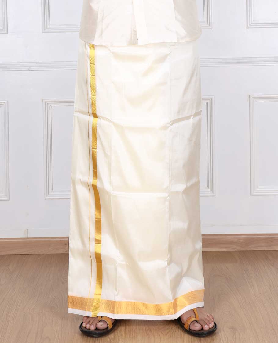 Cream puresilk & polyester mix double-layer dhoti with gold zari border