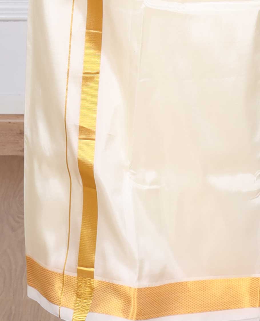 Cream puresilk & polyester mix double-layer dhoti with gold zari border