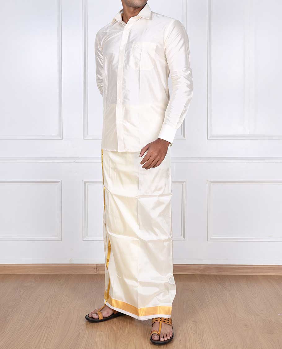 Cream puresilk & polyester mix double-layer dhoti with gold zari border