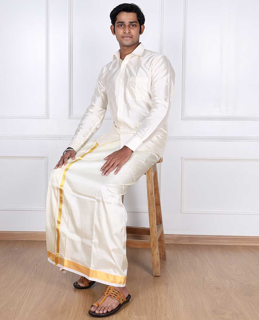 Cream puresilk & polyester mix double-layer dhoti with gold zari border