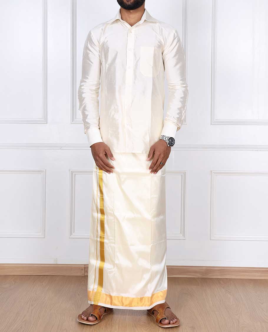 Cream puresilk & polyester mix double-layer dhoti with gold zari border