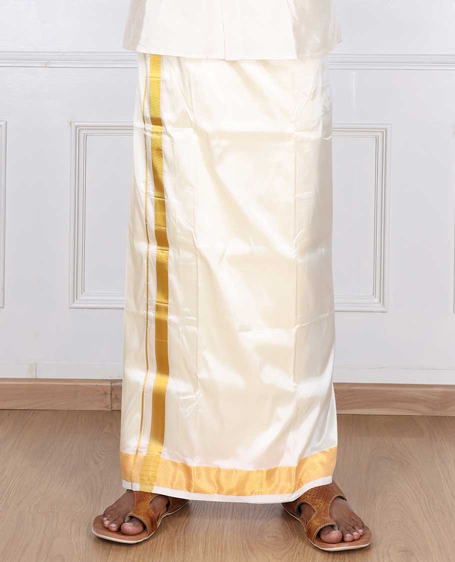 Cream puresilk & polyester mix double-layer dhoti with gold zari border