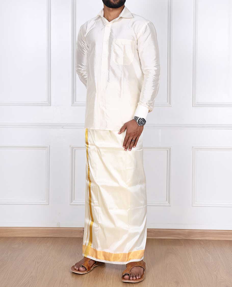 Cream puresilk & polyester mix double-layer dhoti with gold zari border