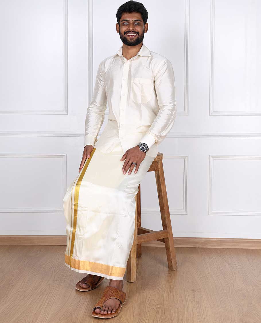 Cream puresilk & polyester mix double-layer dhoti with gold zari border