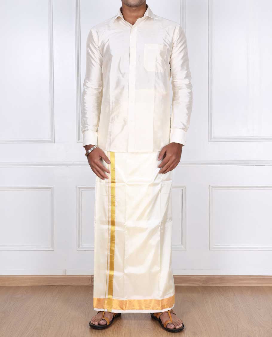 Cream puresilk & polyester mix double-layer dhoti with gold zari border