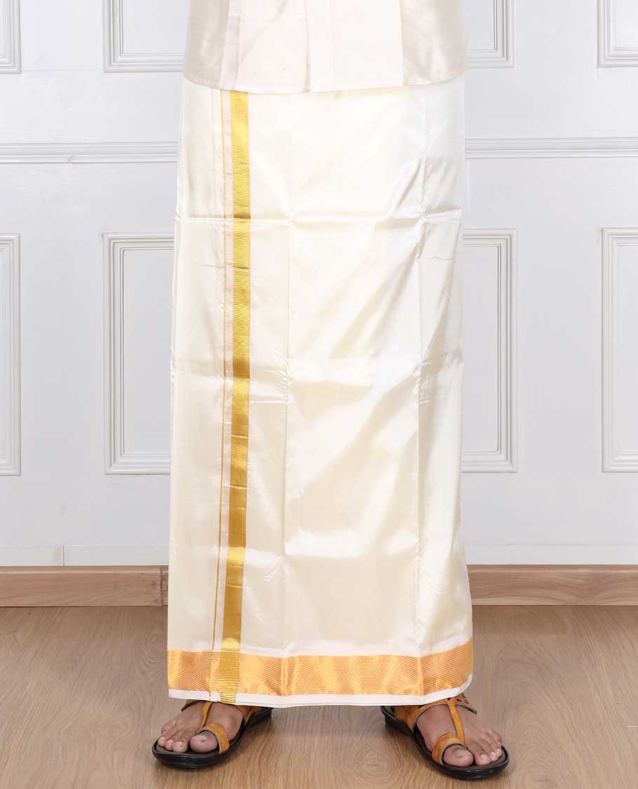 Cream puresilk & polyester mix double-layer dhoti with gold zari border