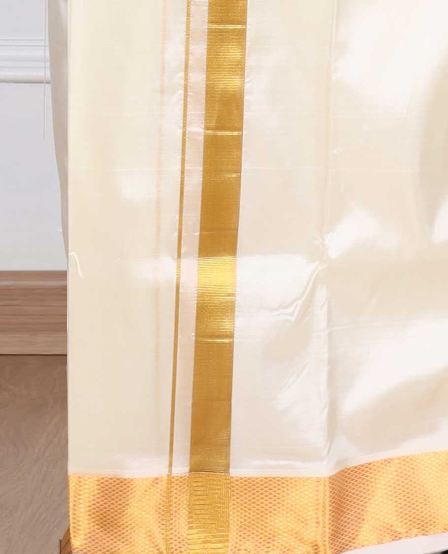 Cream puresilk & polyester mix double-layer dhoti with gold zari border