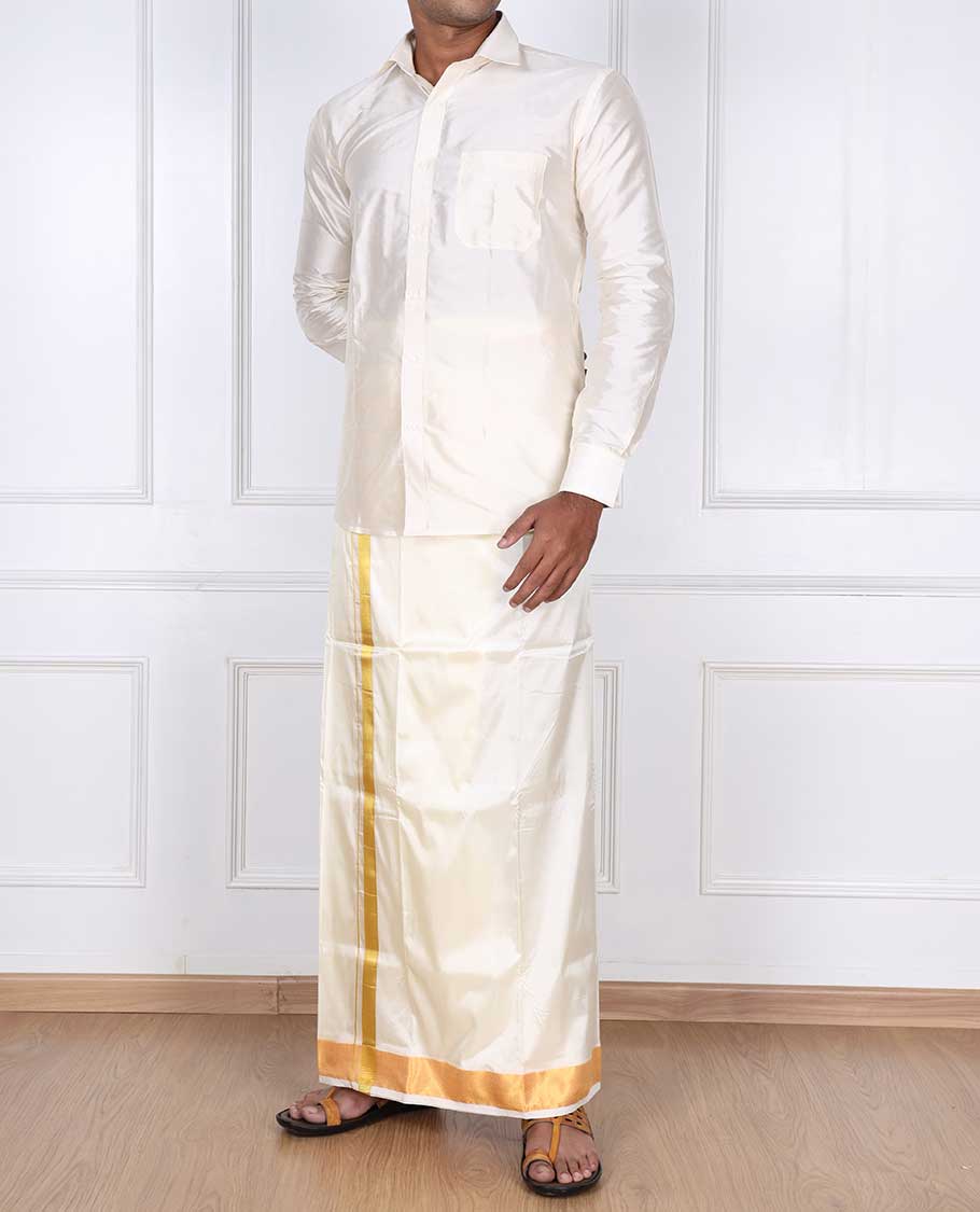 Cream puresilk & polyester mix double-layer dhoti with gold zari border