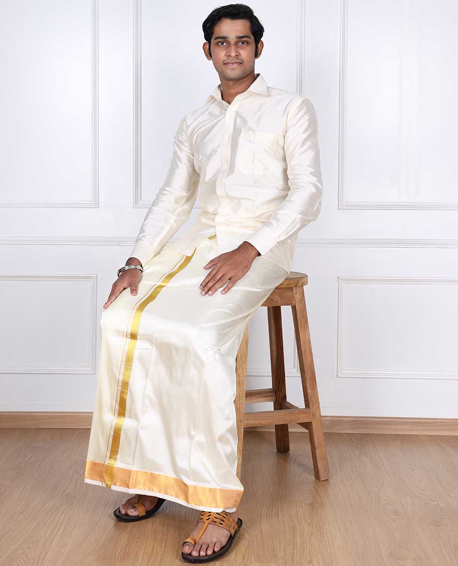 Cream puresilk & polyester mix double-layer dhoti with gold zari border