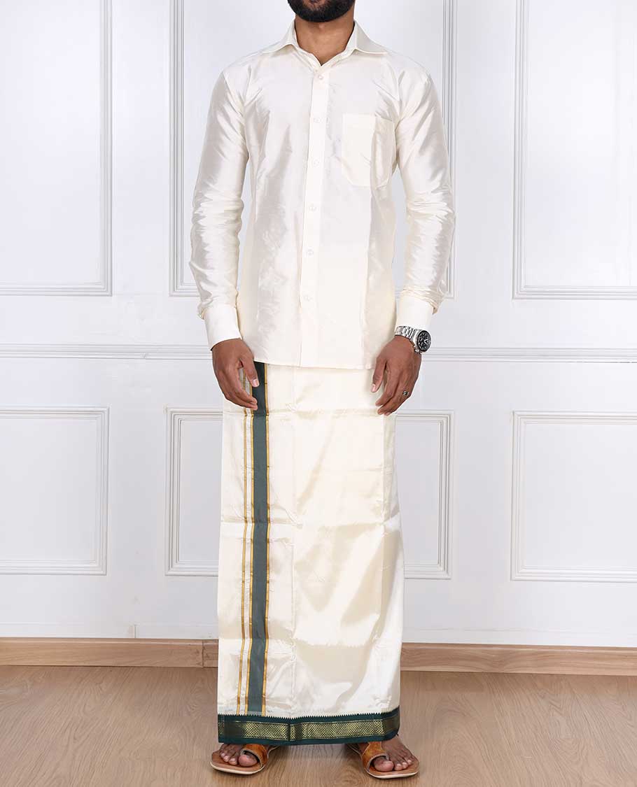 Cream puresilk & polyester mix double-layer dhoti with contrast green traditional zari border