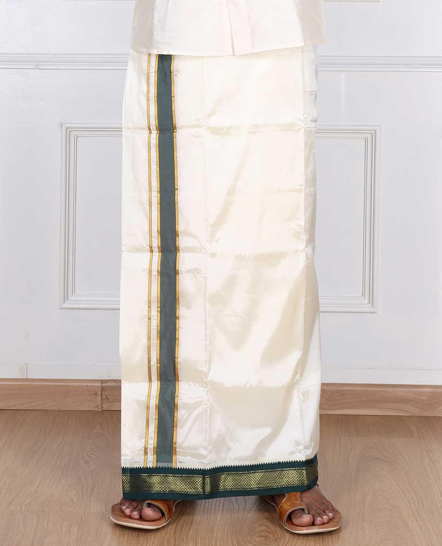 Cream puresilk & polyester mix double-layer dhoti with contrast green traditional zari border