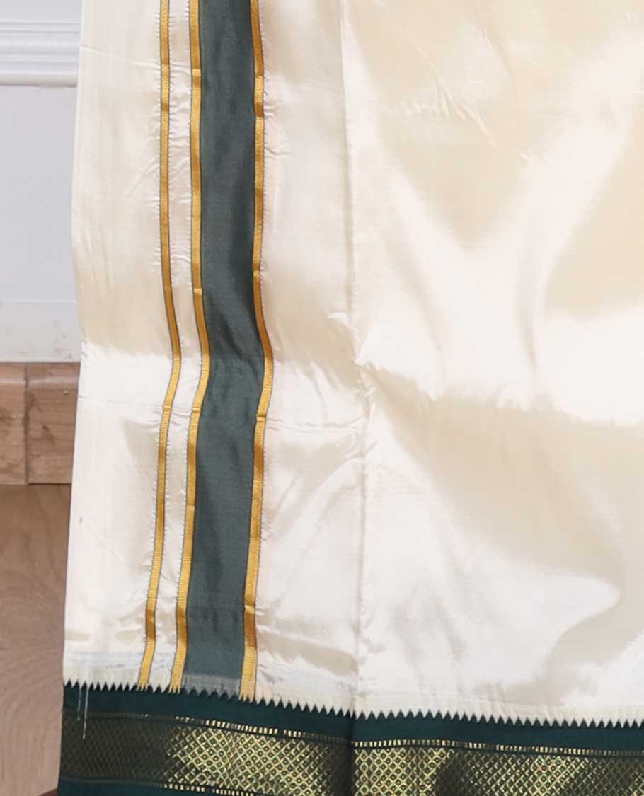Cream puresilk & polyester mix double-layer dhoti with contrast green traditional zari border