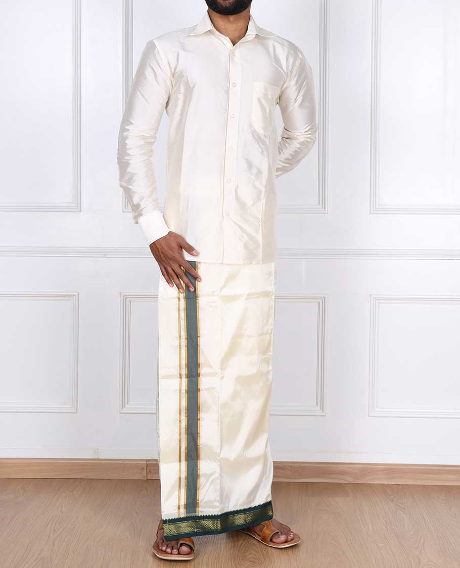 Cream puresilk & polyester mix double-layer dhoti with contrast green traditional zari border