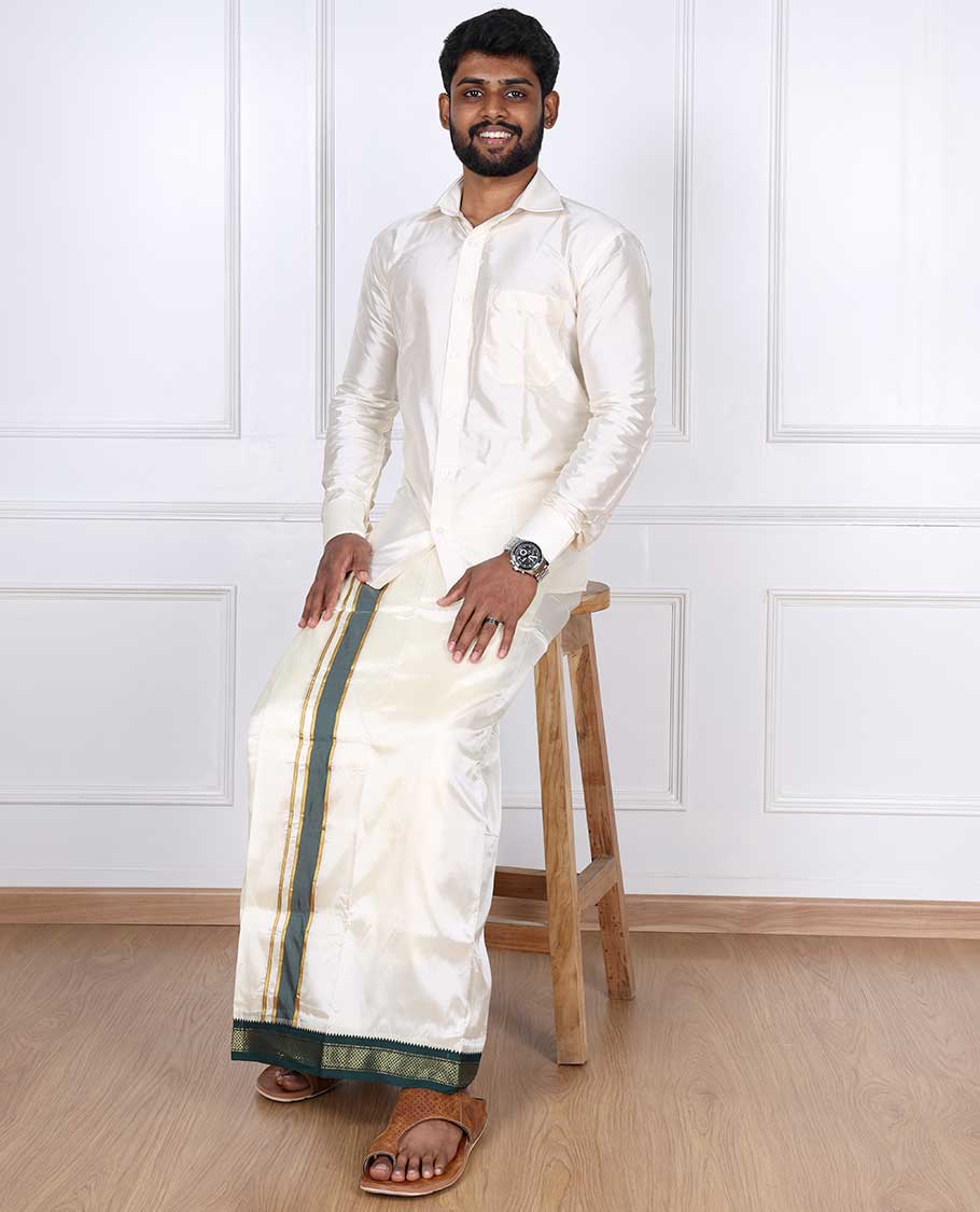 Cream puresilk & polyester mix double-layer dhoti with contrast green traditional zari border