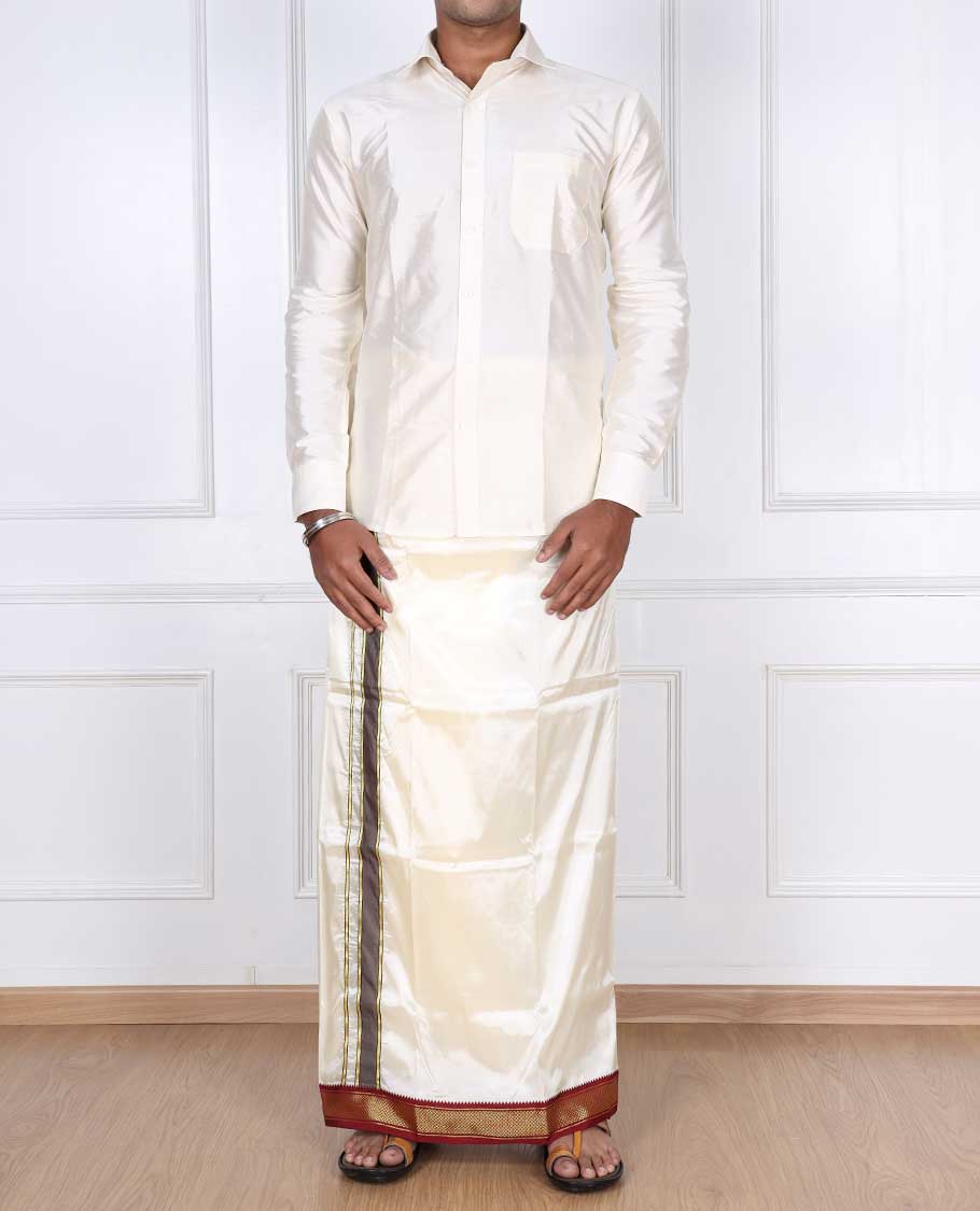 Cream puresilk & polyester mix double-layer dhoti with contrast red traditional zari border