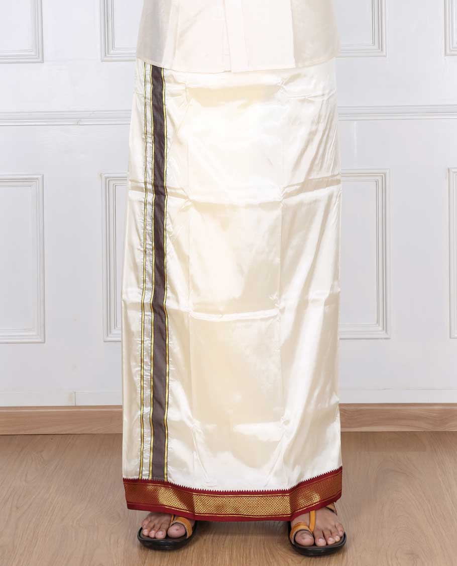 Cream puresilk & polyester mix double-layer dhoti with contrast red traditional zari border