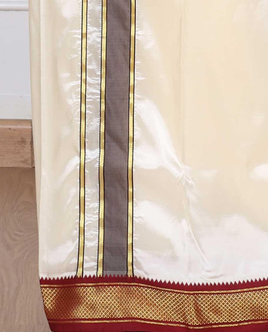 Cream puresilk & polyester mix double-layer dhoti with contrast red traditional zari border
