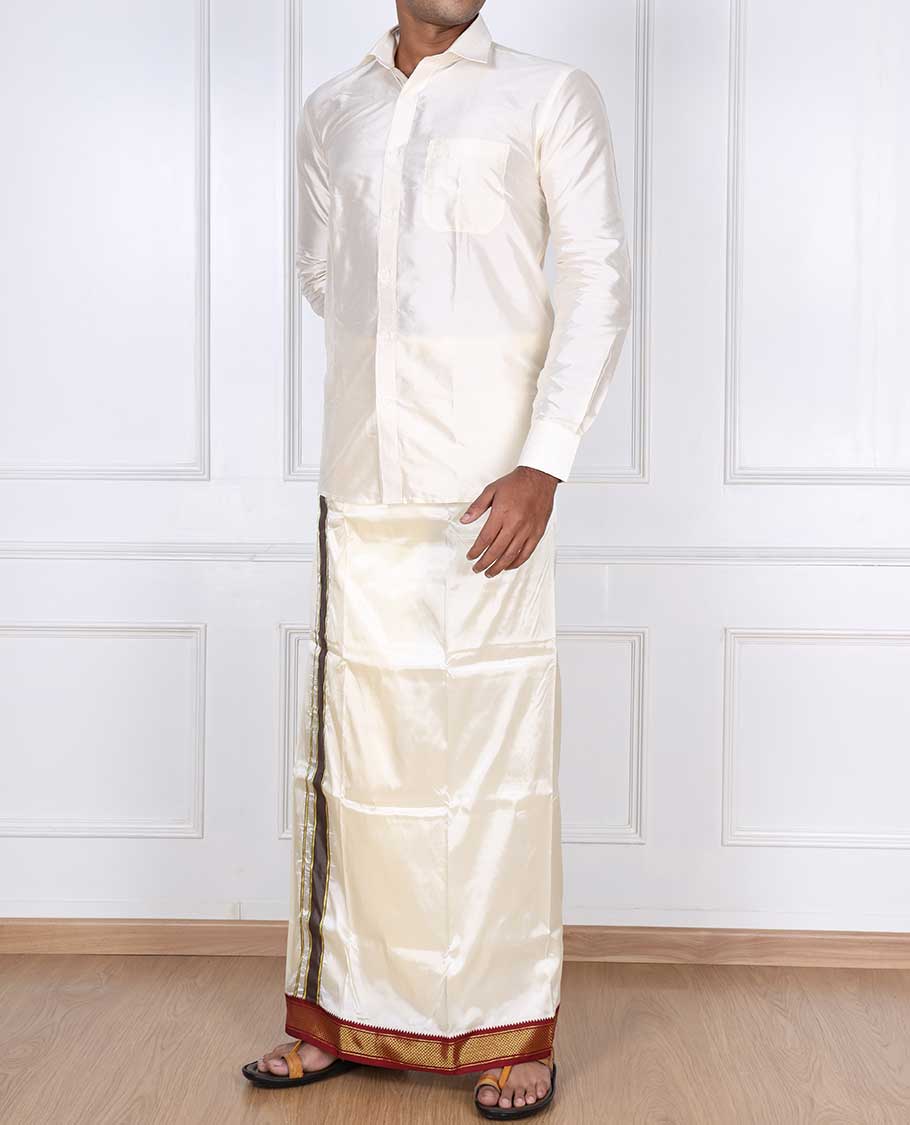 Cream puresilk & polyester mix double-layer dhoti with contrast red traditional zari border