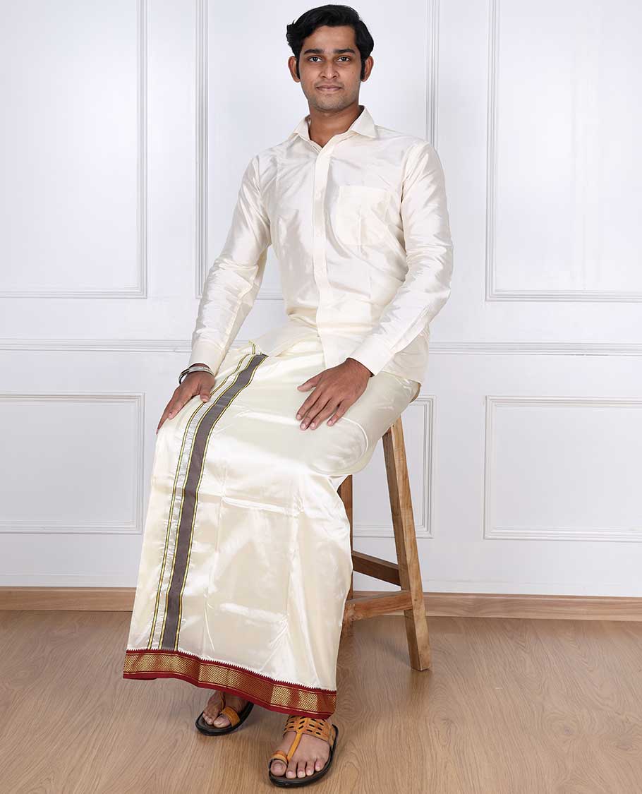 Cream puresilk & polyester mix double-layer dhoti with contrast red traditional zari border