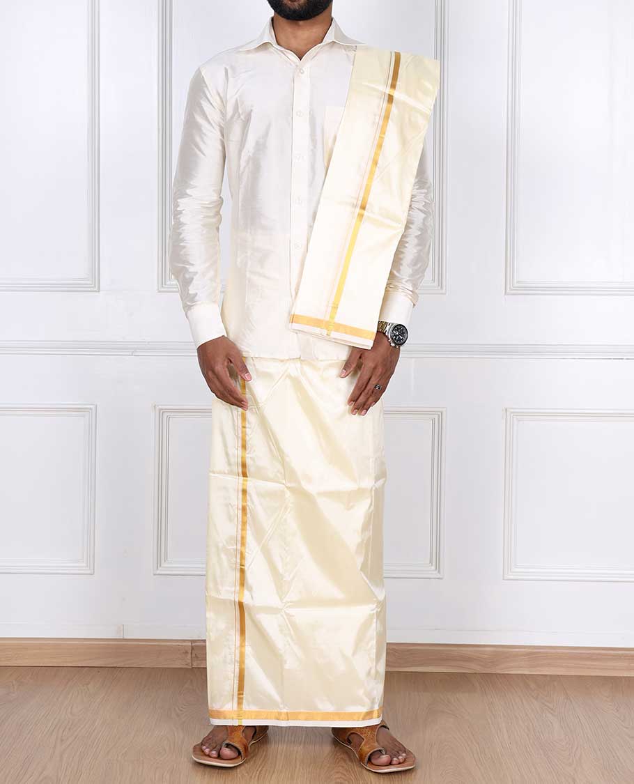 Cream thin gold zari border puresilk & polyester mix double-layer dhoti with angavastram