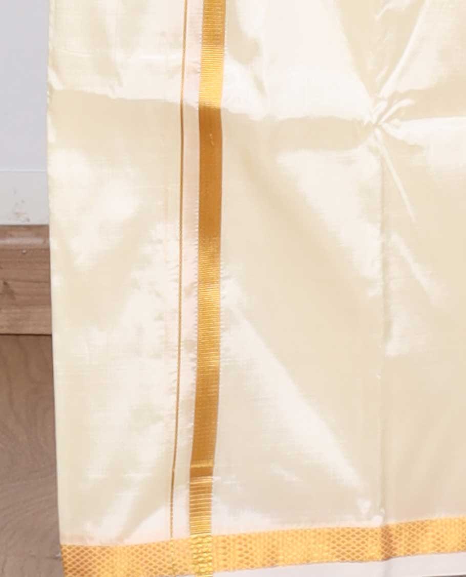Cream thin gold zari border puresilk & polyester mix double-layer dhoti with angavastram