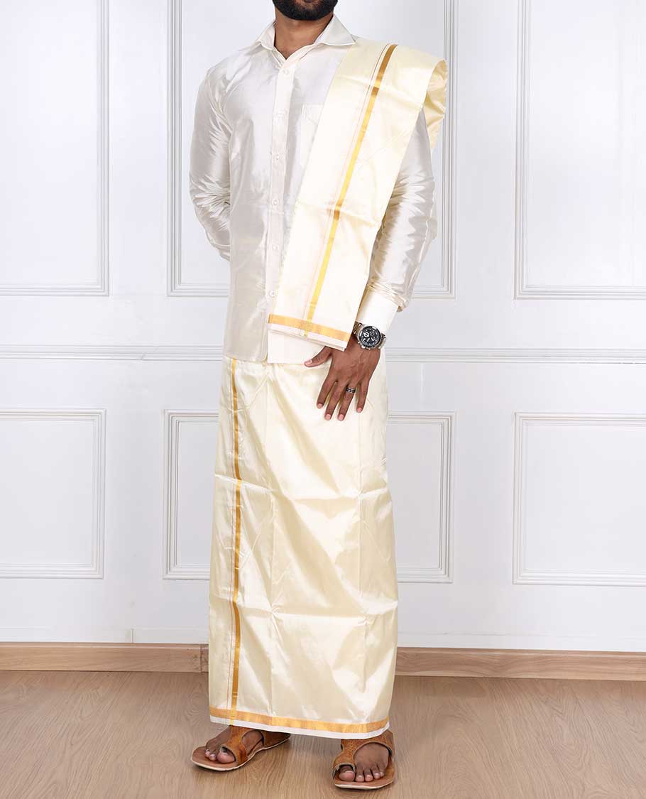 Cream thin gold zari border puresilk & polyester mix double-layer dhoti with angavastram