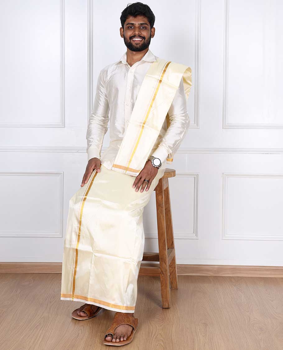 Cream thin gold zari border puresilk & polyester mix double-layer dhoti with angavastram