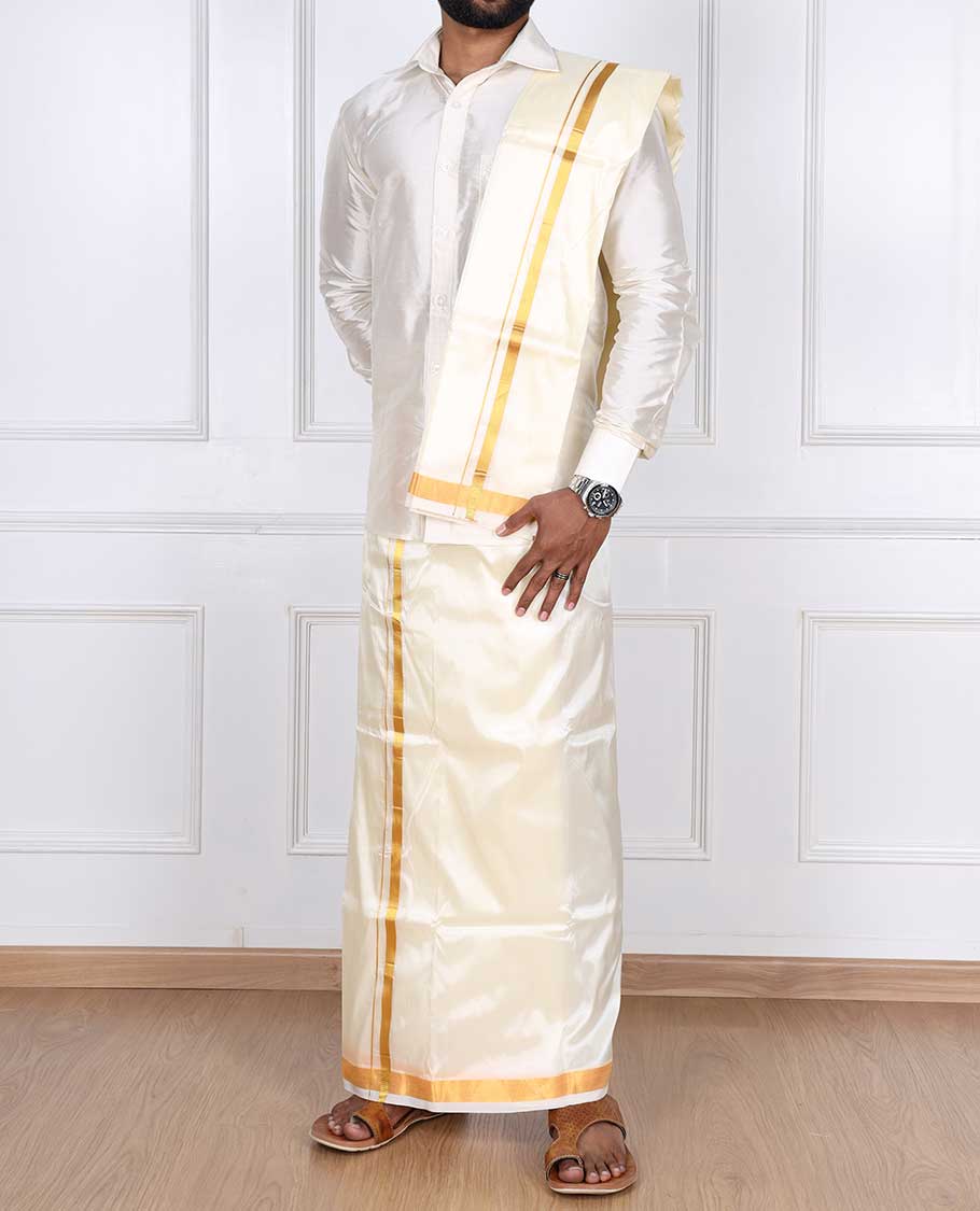 Cream zari border puresilk & polyester mix double-layer dhoti with angavastram