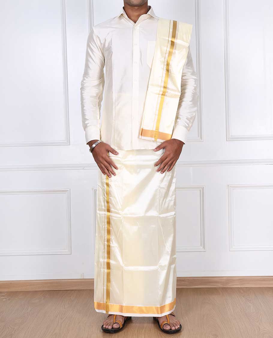 Cream zari border puresilk & polyester mix double-layer dhoti with angavastram
