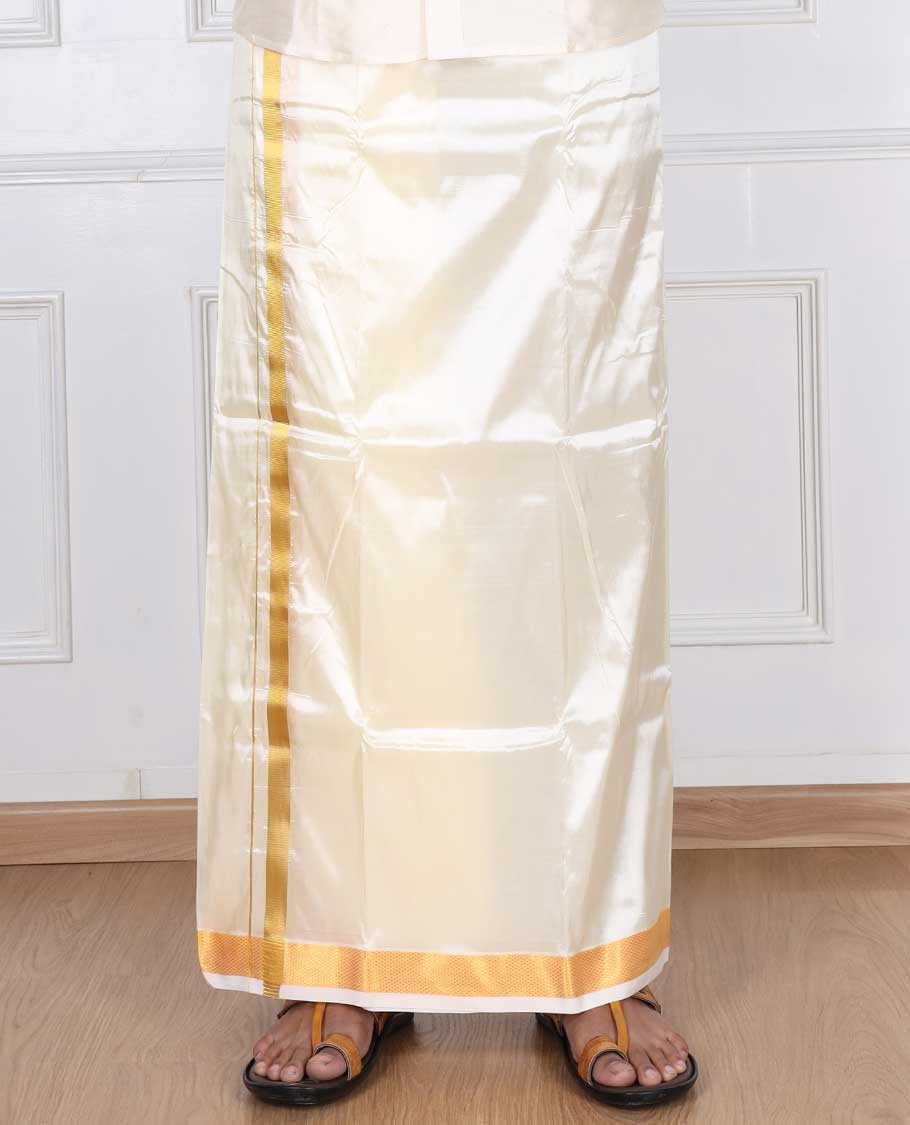 Cream zari border puresilk & polyester mix double-layer dhoti with angavastram