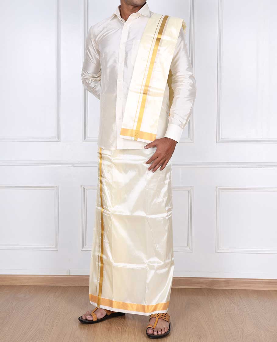 Cream zari border puresilk & polyester mix double-layer dhoti with angavastram