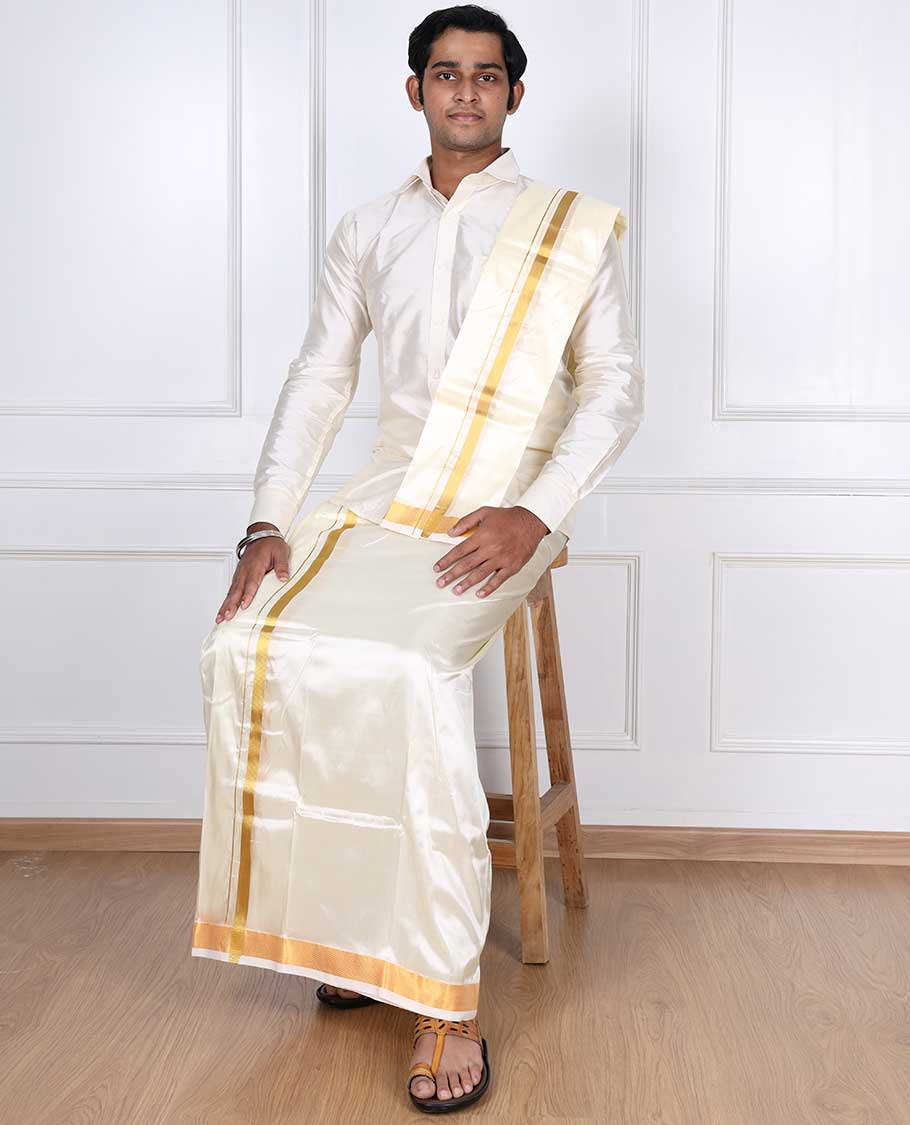 Cream zari border puresilk & polyester mix double-layer dhoti with angavastram