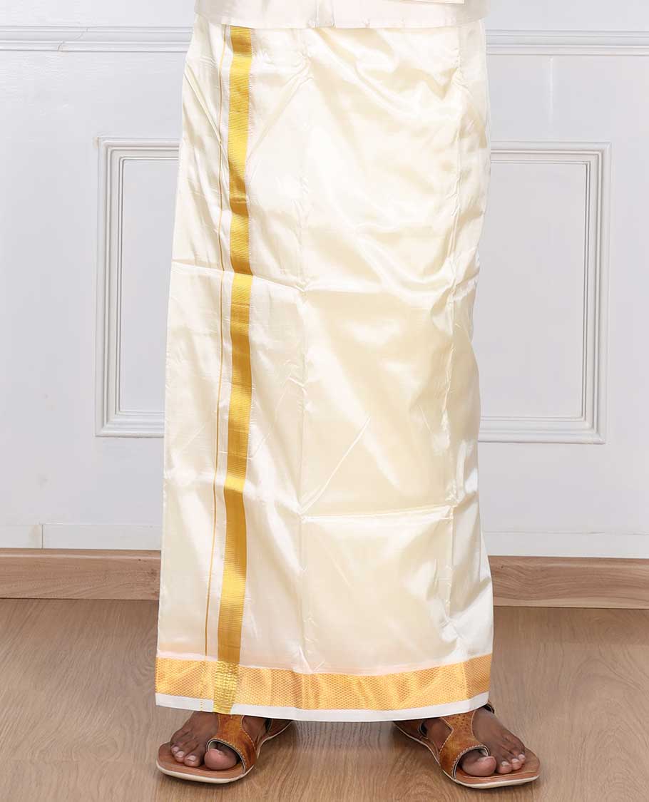 Cream zari border puresilk & polyester mix double-layer dhoti with angavastram