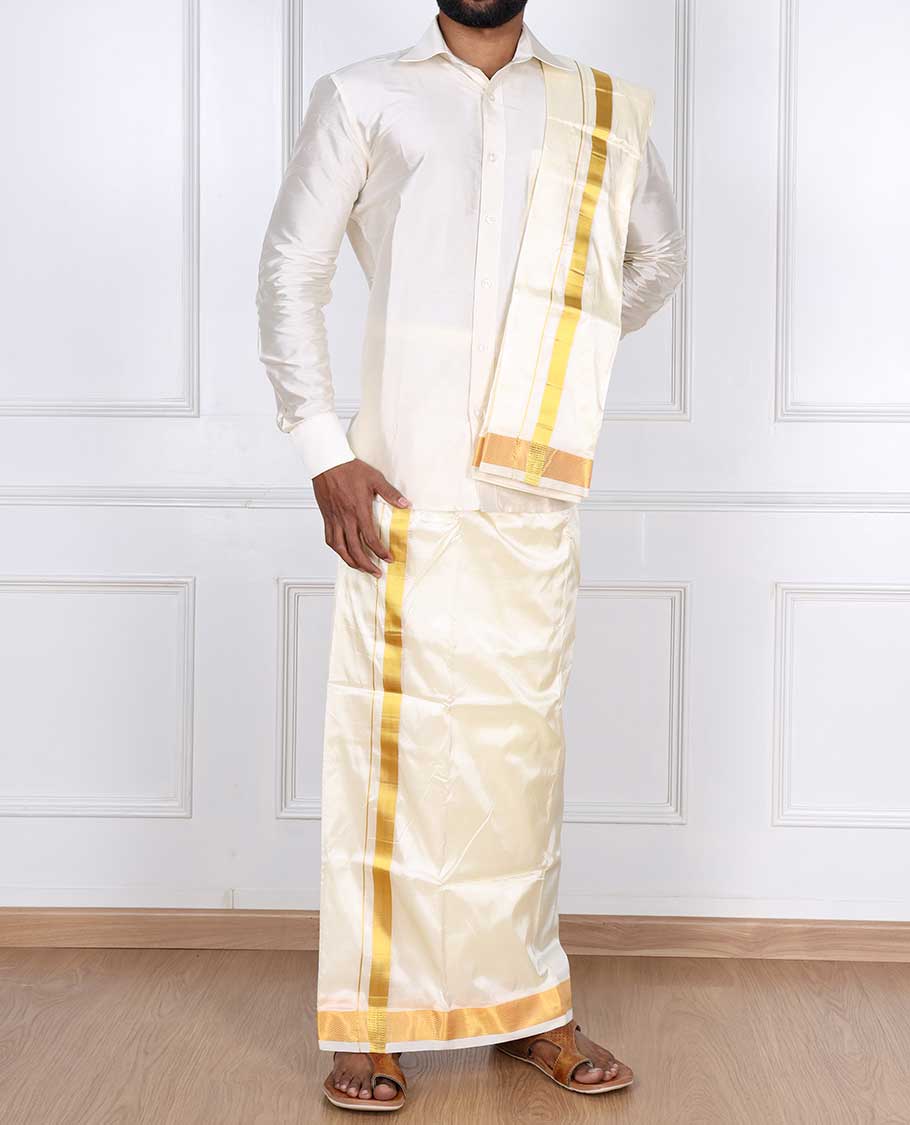 Cream zari border puresilk & polyester mix double-layer dhoti with angavastram