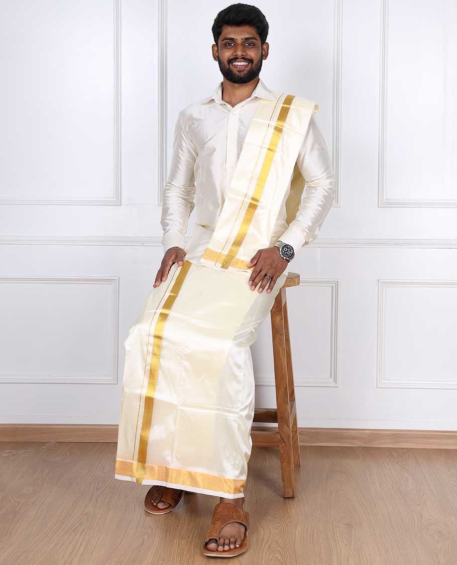 Cream zari border puresilk & polyester mix double-layer dhoti with angavastram