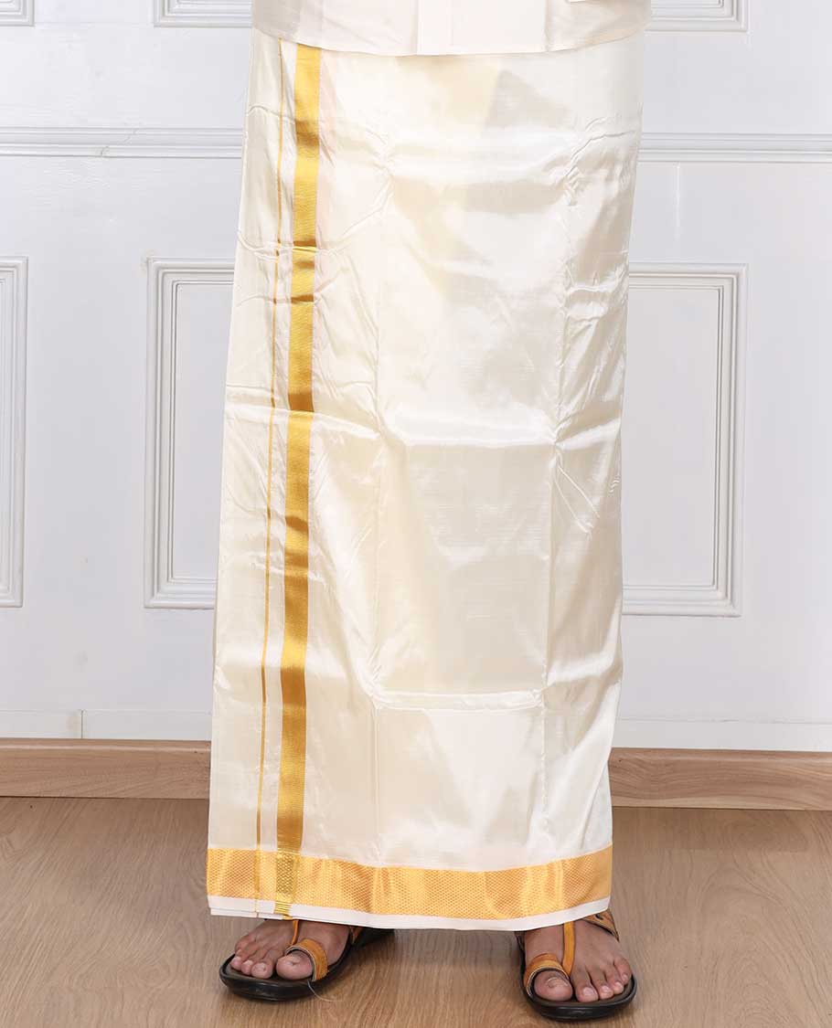 Cream zari border puresilk & polyester mix double-layer dhoti with angavastram