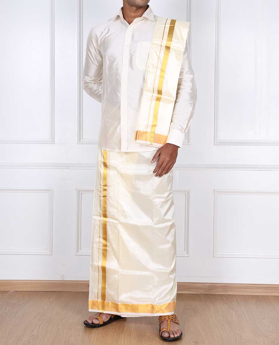 Cream zari border puresilk & polyester mix double-layer dhoti with angavastram